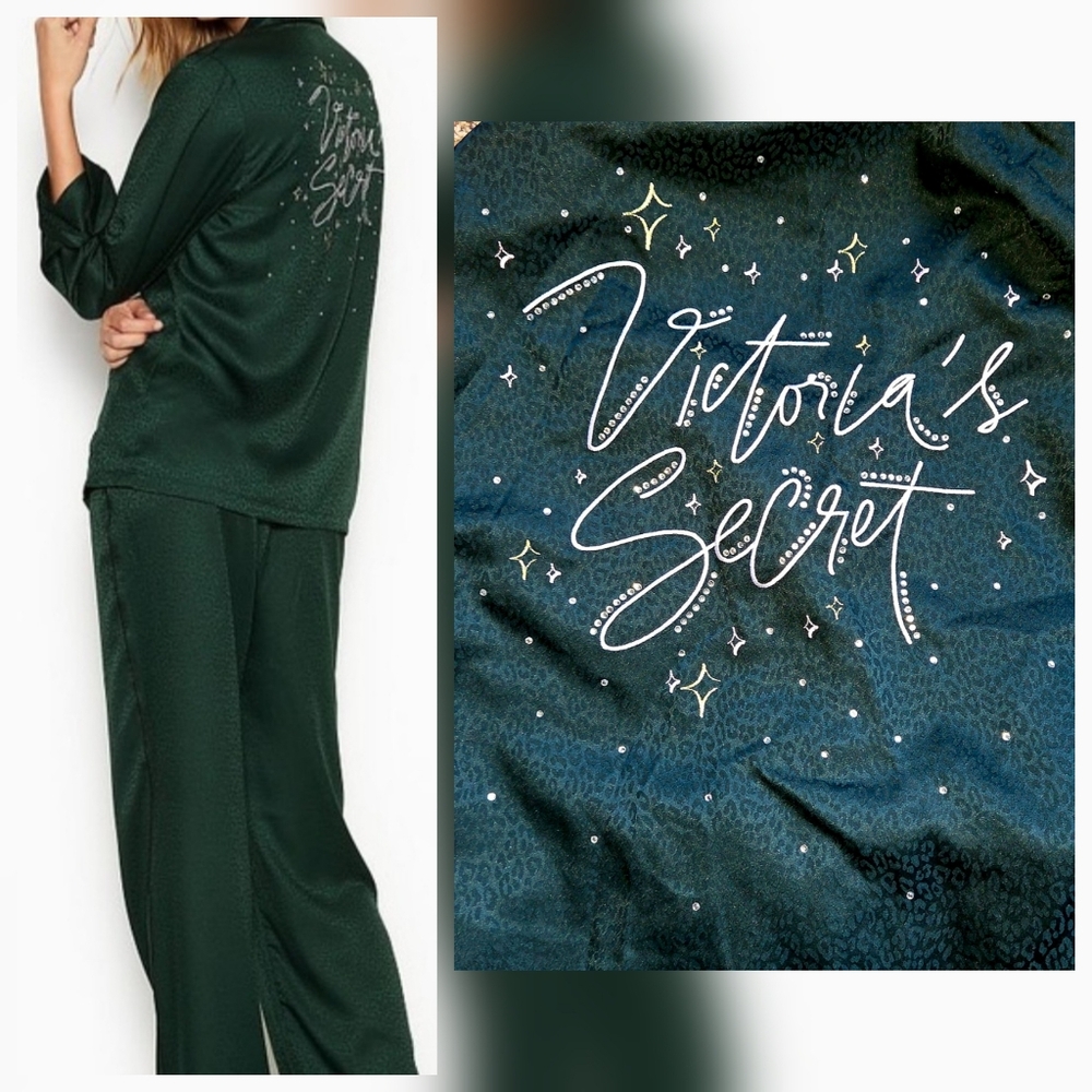 RARE Victoria’s Secret Satin Green Animal Print Bling Logo PJ Set MEDIUM LONG